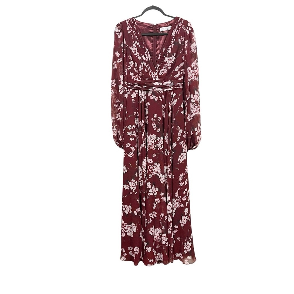 MacDuggal Floral Chiffon Formal Maxi Gown Dress 2 XS Dark Red Long Sleeve - Picture 3 of 9